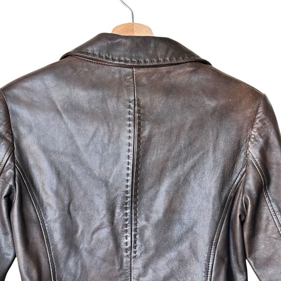 Mango Y2K Brown Leather jacket distressed collared blazer size 4 - Picture 7 of 10